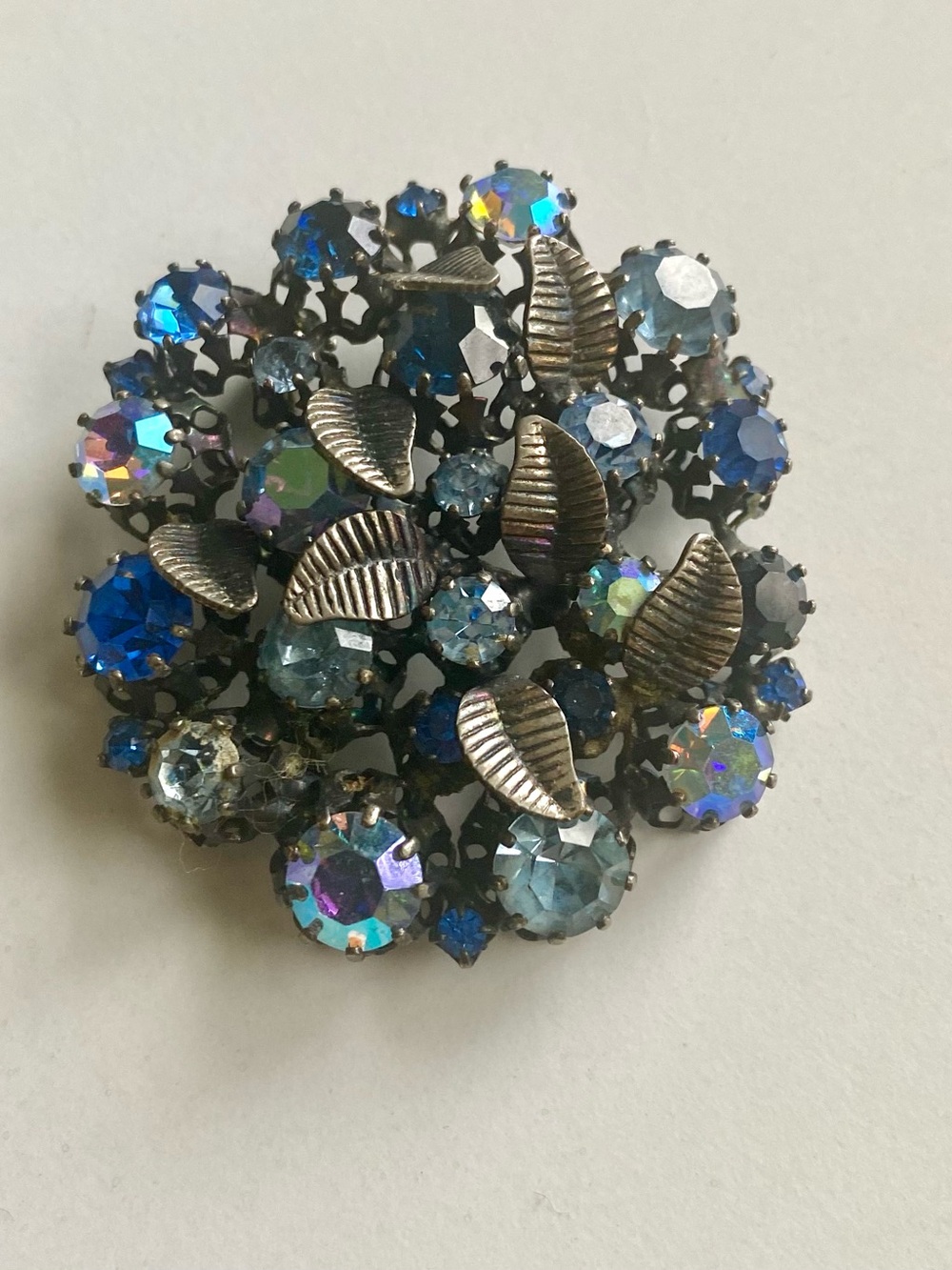 "Made in Austria" Blue Aurora Crystal Floral Brooch - Women Jewelry